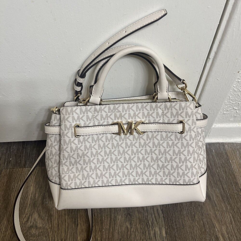 MICHAEL KORS Reed SM Belted Satchel Crossbody Shoulder Bag Light Cream MK Print